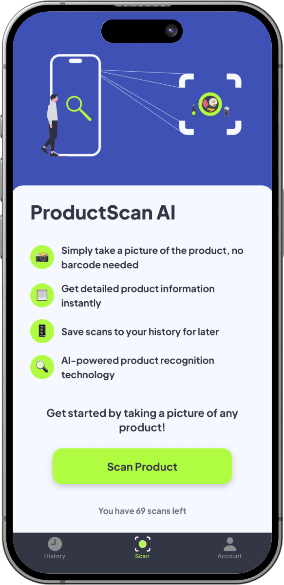 ProductScan AI app showing a scanned product with detailed information